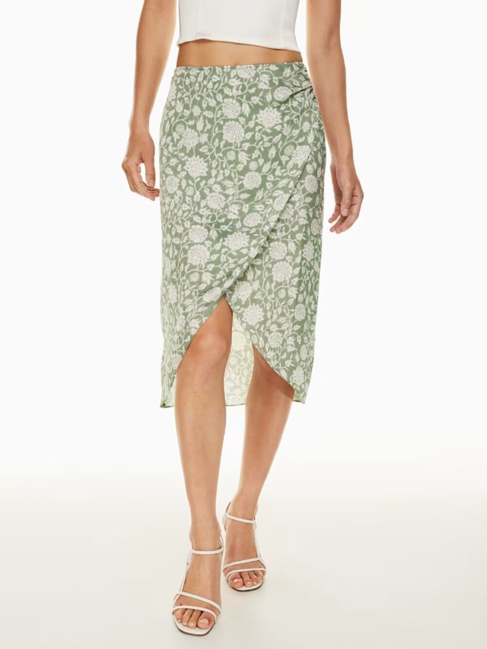 Aritzia Wilfred Cressida Satin Midi Skirt Wrap White Green Floral Size 00